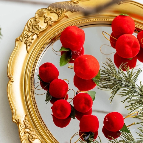 Ciondoli A Mela Rossa Floccata Per Albero Di Natale Decorazioni Di Frutta In Miniatura Realistiche Con Cordoncino Dorato