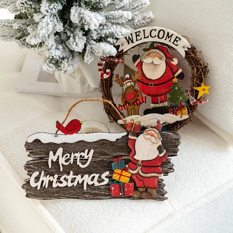 Targa Benvenuto Natale Corona Legno Rattan Ornamento Babbo Natale Pupazzo Neve Renna Decorazione Parete Casa Festiva Retrò