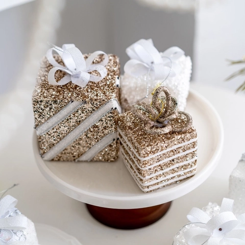 Christmas Gift Box Ornaments Foam Glitter Sequin Ribbon Bow Hanging Tree Decor Champagne White Festive Holiday