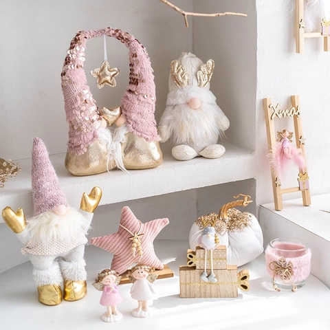 Christmas Decorations Pink Gold Plush Gnomes Santa Claus Resin Angels Wooden Ladder Star House Desktop Atmosphere Ornament