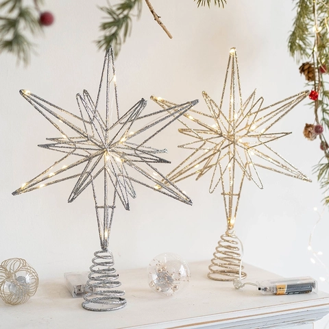 Christmas Tree Topper Star Iron Glitter LED Luminous Warm Light Decoration Holiday Home Ornament Spiral Base