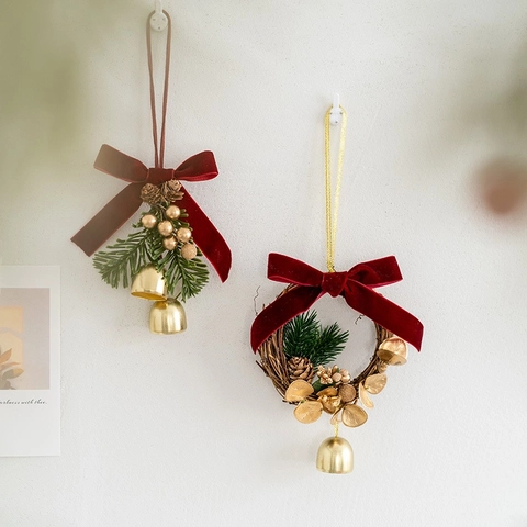 Christmas Hanging Ornament Velvet Bow Metal Bell Artificial Pine Needle Pine Cones Holiday Home Decor