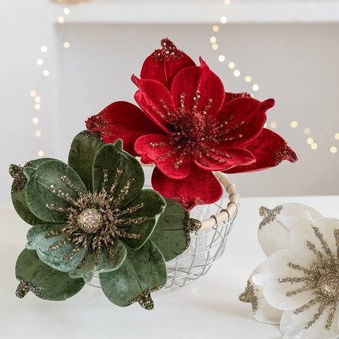 Christmas Artificial Flower Velvet Magnolia With Glitter Sequins For Tree Home Party Wedding Decor Elegant Floral