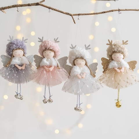 Pendente Bambola Angelo con Corna di Renna in Rete e Paillettes Decorazione Natalizia da Appendere per Albero di Natale