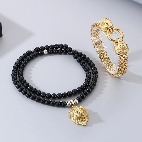Necklace And Bangle Lion Head Pendant Stainless Steel Black Agate Beads Hip Hop Vintage Jewelry For Men