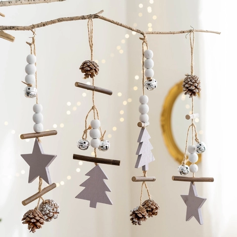 Adornos Colgantes De Navidad De Madera Estrella Árbol Corazón Madera Rústica Piña Campana Metal Decoración Nórdica