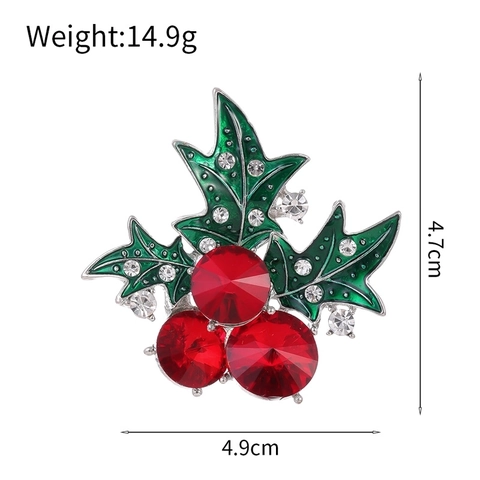 Christmas Holly Berry Brooch Pin Zinc Alloy Green Enamel Red Rhinestone Fruit Leaf Pin Festive Suit Coat Corset Accessories
