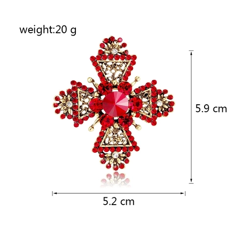 Vintage Zinc Alloy Cross Brooch With Red Green Rhinestones Baroque Geometric Suit Accessory Jewelry Gift For Women Men