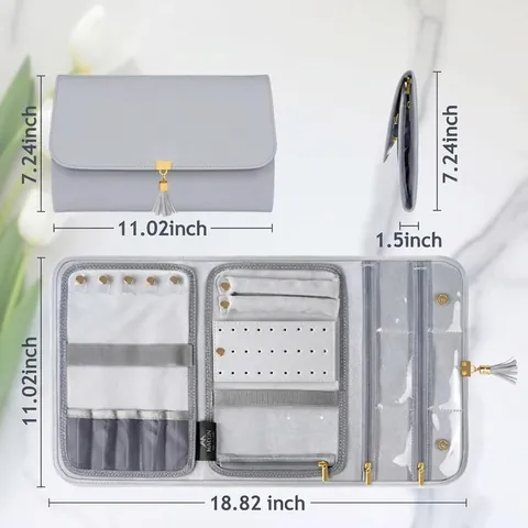 Reise Schmuck Organizer Tasche Faltbare PU Leder Schmuckrolle Aufbewahrung Für Ringe Ohrringe Halsketten Mit Quaste Metallschnalle