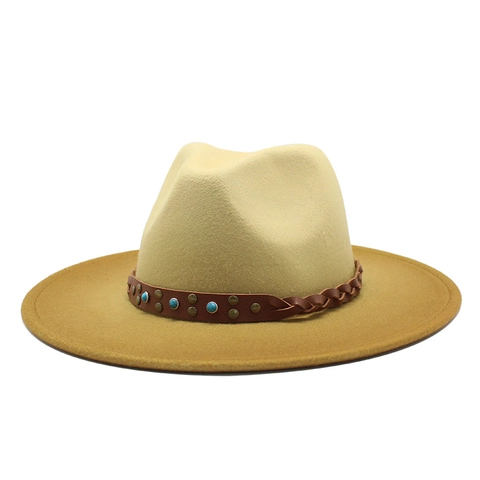 Vintage Wollfilz Fedora Hut Geflochtenes Lederband Türkis Perlen Farbverlauf Breite Krempe Western Jazz Cap Unisex