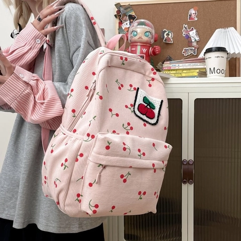 Zaino In Velluto A Coste Stile Giapponese Carino Stampa Ciliegie Cartella Moda Ricamo Viaggio Casual Per Donne Ragazze