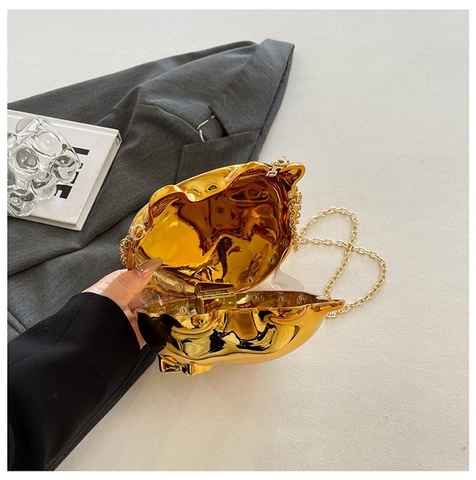 Pochette Da Sera A Forma Di Cuore In Acrilico Con Finitura Galvanizzata A Specchio E Catena In Metallo Da Donna