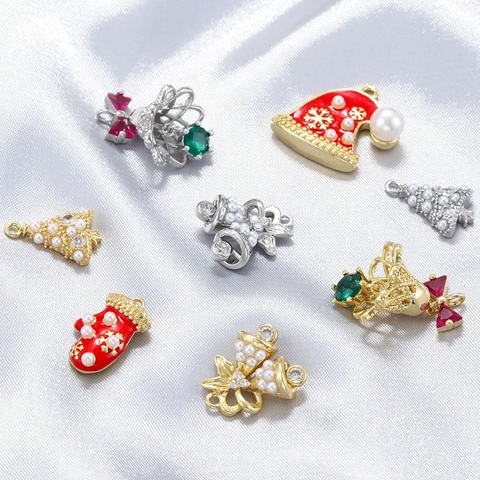 Weihnachtsanhänger Messing Emaille Kunstperle Strass Für Feiertagsschmuck DIY Festliche Glocke Baum Hut Form