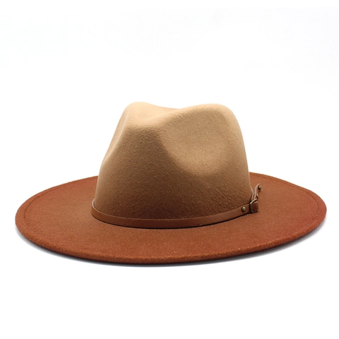 Vintage Fedora Hut Mit Breiter Krempe Wollfilz Farbverlauf Jazz Kappe Mit Lederband Metallschnalle Für Damen Herren