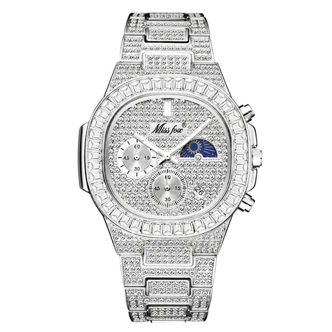 Orologio Lusso Quarzo Uomo Iced Out Zircone Cristallo Fasi Lunari Cronografo Data Hip Hop Moda Acciaio Inossidabile Impermeabile