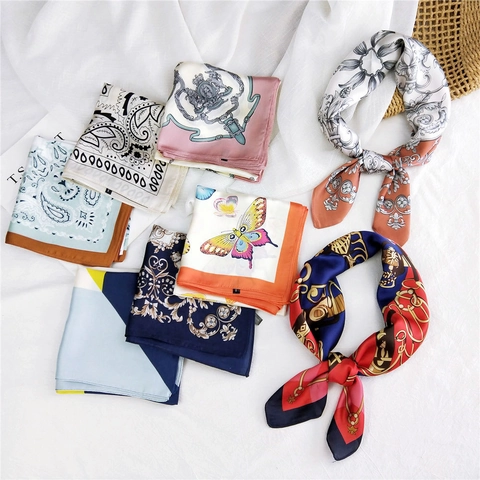 Women Square Satin Like Scarf Polyester Satin Paisley Flower Print Neckerchief Hair Band Head Accessory Fashion Gift