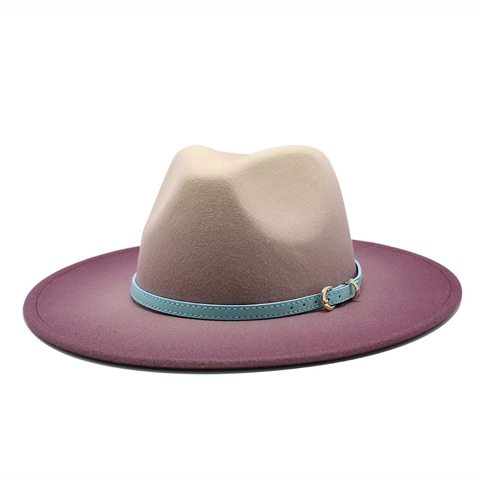 Vintage Woolen Felt Fedora Hat Wide Brim Gradient Color British Style Jazz Cap For Men And Women With Leather Belt