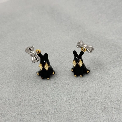 Orecchini A Lobo Coniglio Mostro Smalto Nero 3D Con Zircone E Perno In Argento Sterling 925 Fiocco Gioielli Animali