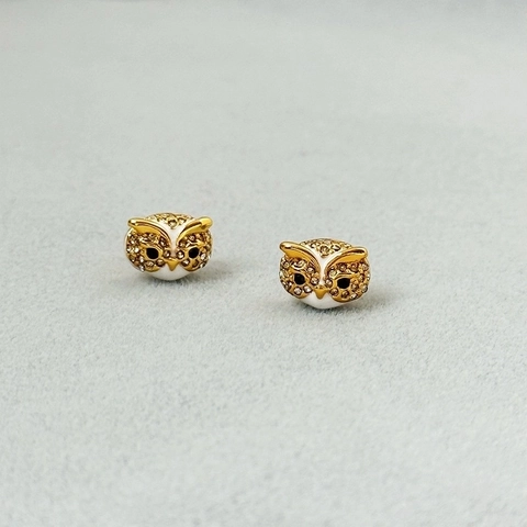 Pendientes De Botón De Búho Delicados De Latón Con Circonita Brillante Y Esmalte Blanco Color Contrastado Joyería Para Mujer