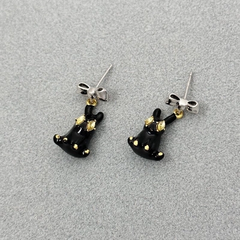 Orecchini A Lobo Coniglio Mostro Smalto Nero 3D Con Zircone E Perno In Argento Sterling 925 Fiocco Gioielli Animali