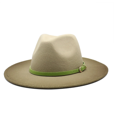 Wide Brim Fedora Hat Wool Felt Gradient Color Vintage Jazz Hat With Belt Buckle For Men Women Fashion