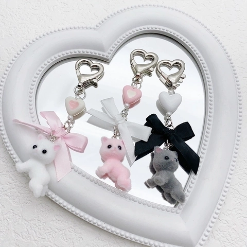 Cute Flocked Cat Keychain With Alloy Heart Buckle Bow Ribbon And Beaded Heart Charm For Bag Decoration Girly Style