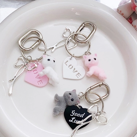 Porte-Clés Chat Floconné de Style INS Coréen Avec Nœud en Métal Et Pendentif Cœur Mignon Animal Perlé Bijou de Sac Pour Femme Fille Cadeau