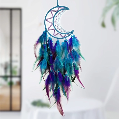 Moon Dream Catcher With Feathers And Beads Handmade Woven Wall Hanging Decoration Bohemian Style Indian Home Decor