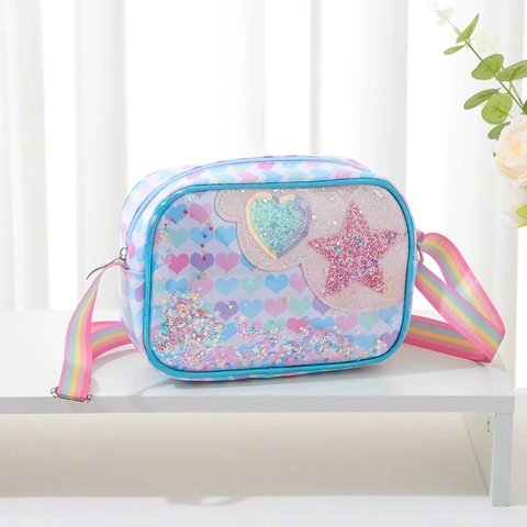 Kinder Glitzer Herz Stern Umhängetasche Mit Regenbogen-Gurt Mädchen Niedliche Fließende Pailletten Tasche Cartoon Geschenk