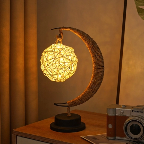 LED Moon Lamp Handmade Hemp Rope Iron Decorative Desk Lamp Warm White For Holiday Bedroom Living Room Creative Gift