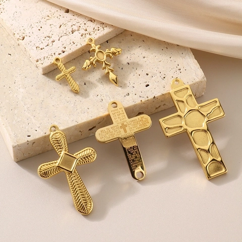 Edelstahl Kreuz Anhänger Vergoldet DIY Schmuckherstellung Charms Spanisches Vaterunser Graviert Punk Stil Accessoire
