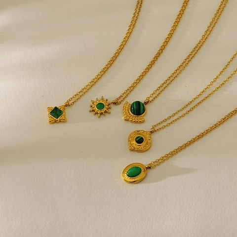 Franse Vintage Smaragdgroen Glas Malachiet Hanger Halsketting Roestvrij Staal Verguld O-Ketting Dames Mode Sieraden
