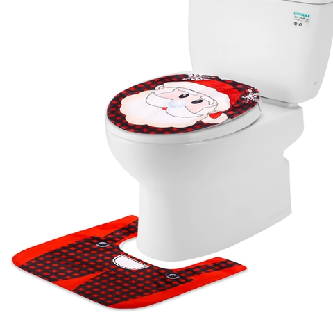 Funda para Asiento de Inodoro y Alfombrilla de Tela No Tejida con Patrón de Papá Noel Muñeco de Nieve Reno para Decoración de Baño