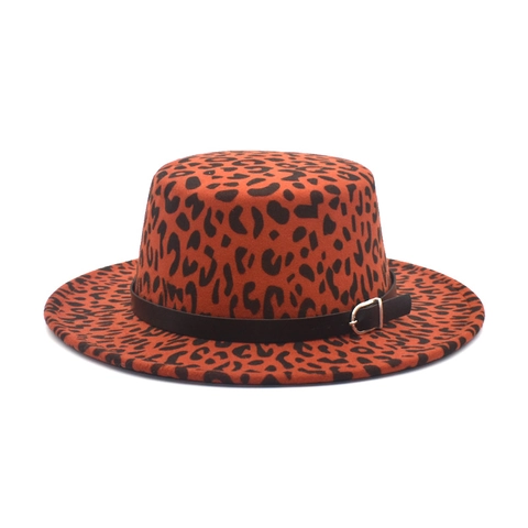 Leopard Print Woolen Felt Boater Hat Flat Top Wide Brim With Leather Band Metal Buckle Retro Jazz Style Unisex