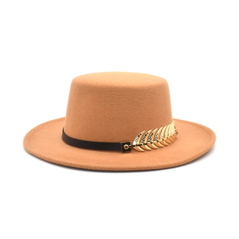 Flat Top Boater Hat Woolen Felt Wide Brim Jazz Fedora With Gold Leaf Accessory Vintage Elegant Style For Men Women