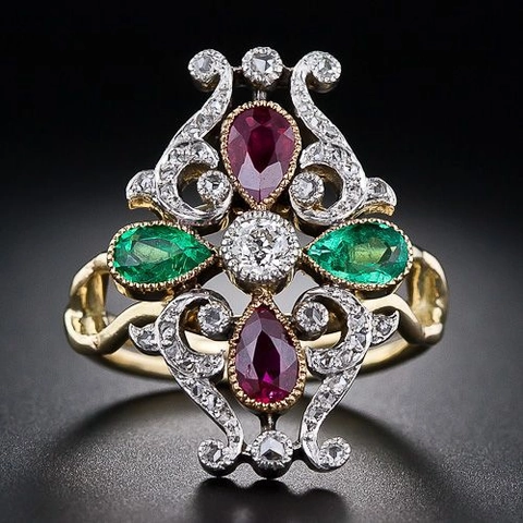 Anello Fiore Bicolore Vintage Rame Con Rubino Smeraldo Taglio Pera Zirconia Trama Vite Stile Vittoriano Per Donne
