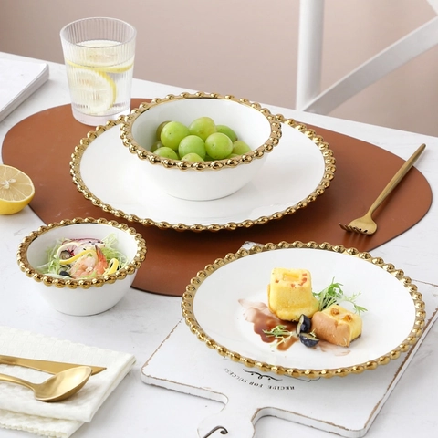 Elegant Ceramic Tableware Gold Beaded Edge White Porcelain Dining Bowl Plate For Salad Steak Dessert Minimalist Luxury