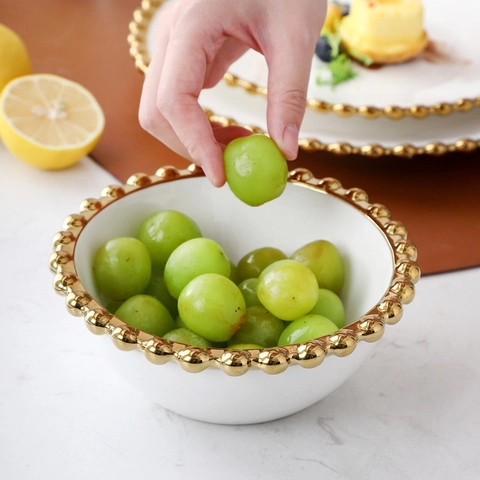 Elegant Ceramic Tableware Gold Beaded Edge White Porcelain Dining Bowl Plate For Salad Steak Dessert Minimalist Luxury