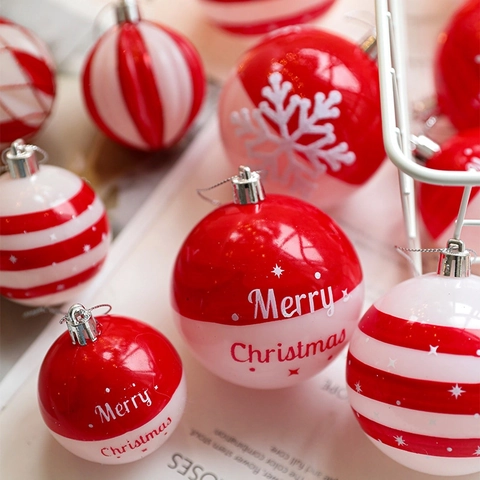 Christmas Ball Ornaments Red White Plastic Painted Snowflakes Festive Tree Hanging Decorations Holiday Party Home Decor