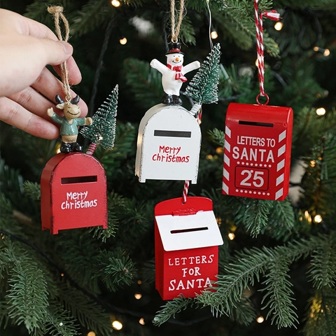 Christmas Mailbox Ornament Metal Mini Postbox Hanging Decor With Santa Snowman Figurines For Holiday Tree Decoration