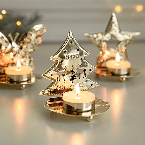 Gold Hollow Christmas Tealight Candle Holder Metal Iron Tree Star Butterfly Shape Table Desktop Festive Party Decor