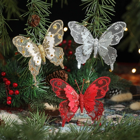 Ornamenti a Farfalla per Albero di Natale Brillantinati Decorazione Farfalla Artificiale in Rete Con Clip Metallica