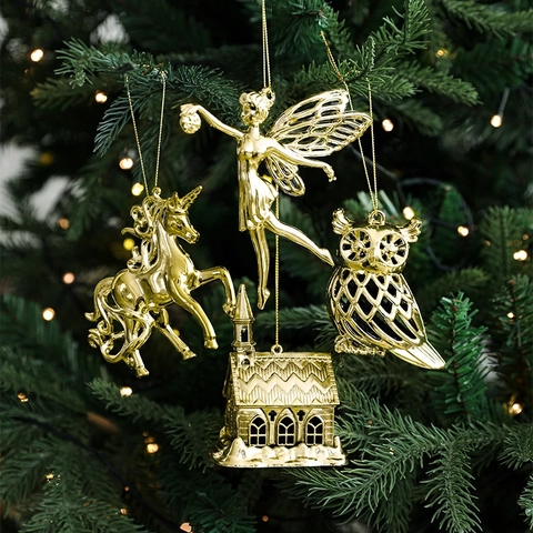 Golden Christmas Hanging Ornaments Plastic Metallic Xmas Tree Pendants Snowflake Reindeer Angel Star Decor Festive Party
