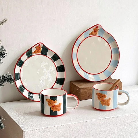 Ceramic Coffee Cup Saucer Set Embossed Dog Striped Hand Painted Cute Aesthetic Mug Office Home Birthday Gift