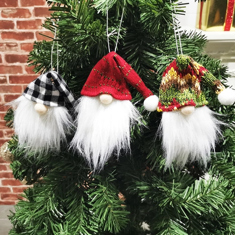 Christmas Gnome Ornaments Knit Plaid Faceless Doll Hanging Decor For Tree And Wine Bottle