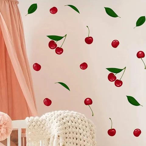 Pegatinas De Pared De Cerezas Frutas Rojas Hojas Verdes Adhesivos PVC Impermeables Para Cuarto De Niños Hogar
