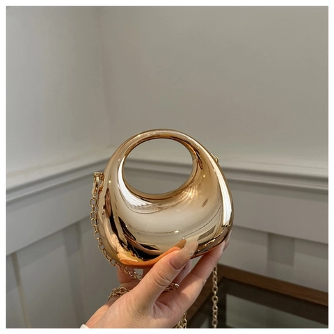 Moon Shape Metallic Handbag Acrylic Mirror Finish Evening Clutch With Hollow Round Handle And Chain Strap For Women