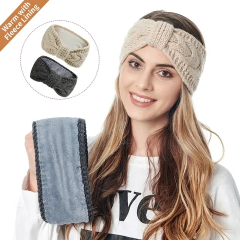 Damen Zopfstrick Stirnband Fleecegefütterter Ohrenwärmer Twist Knoten Bogen Winter Thermisch Outdoor Haarband
