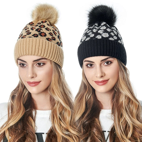 Bonnet En Maille Femme Imprimé Léopard Chaud En Acrylique Bonnet D'Hiver Avec Pompon En Fausse Fourrure