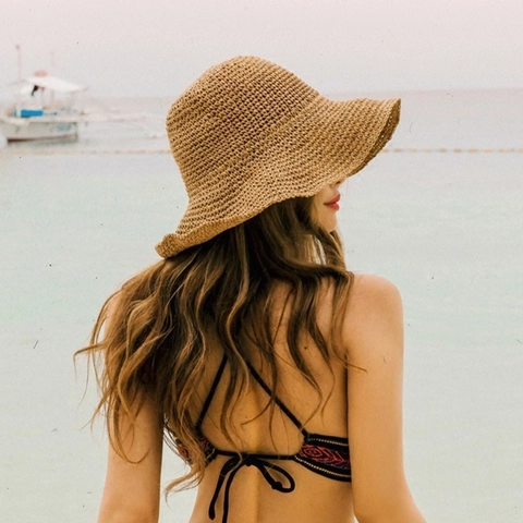 Damen Sommer Strohhut Breite Krempe Faltbarer Strandurlaub Sonnenschutz Handgewebter Panama Fischerhut Eimer Hut Khaki Beige